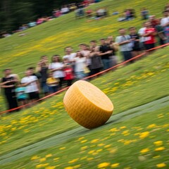 blurry background of people watching a cheese roll down a hill with a wheel of cheese in the foreground
