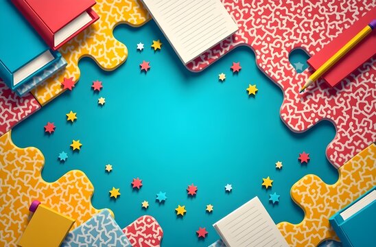 Flat educational background with retro zigzag patterns, school supplies, and bold cyan, magenta, and yellow layout for learning platform hero use
