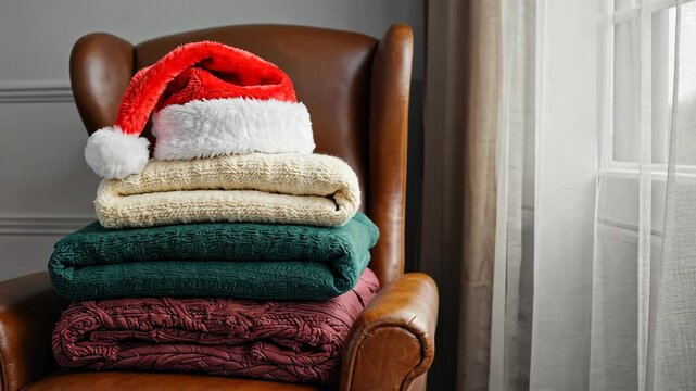Festive folded blankets stack with Santa Claus hat on an armchair near window, cozy winter holiday decoration, festive mood, and home comfort