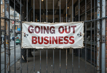 Going out of business sign hanging on a metal gate in an urban street setting with buildings behind it