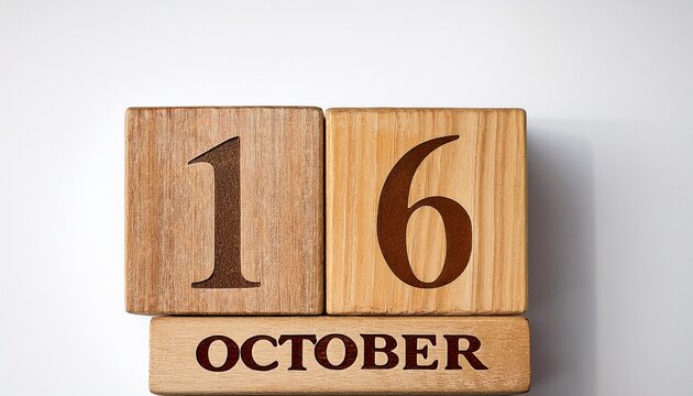 Minimalist photo of wooden blocks with date 16 October. Day and month, calendar on white background