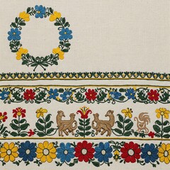 traditional romanian folk art embroidery with flowers and animals on a linen background