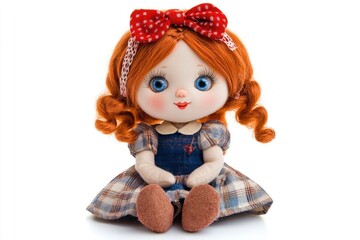 Fototapeta premium Seated Rag Doll with Red Hair and Plaid Dress on White