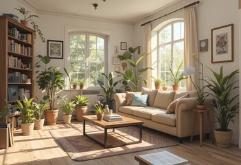 An artistic cozy living room painted in gouache style