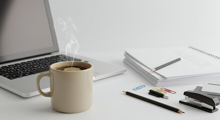 Warm Coffee, Crisp Morning: Desk Workspace Serenity AI Generated