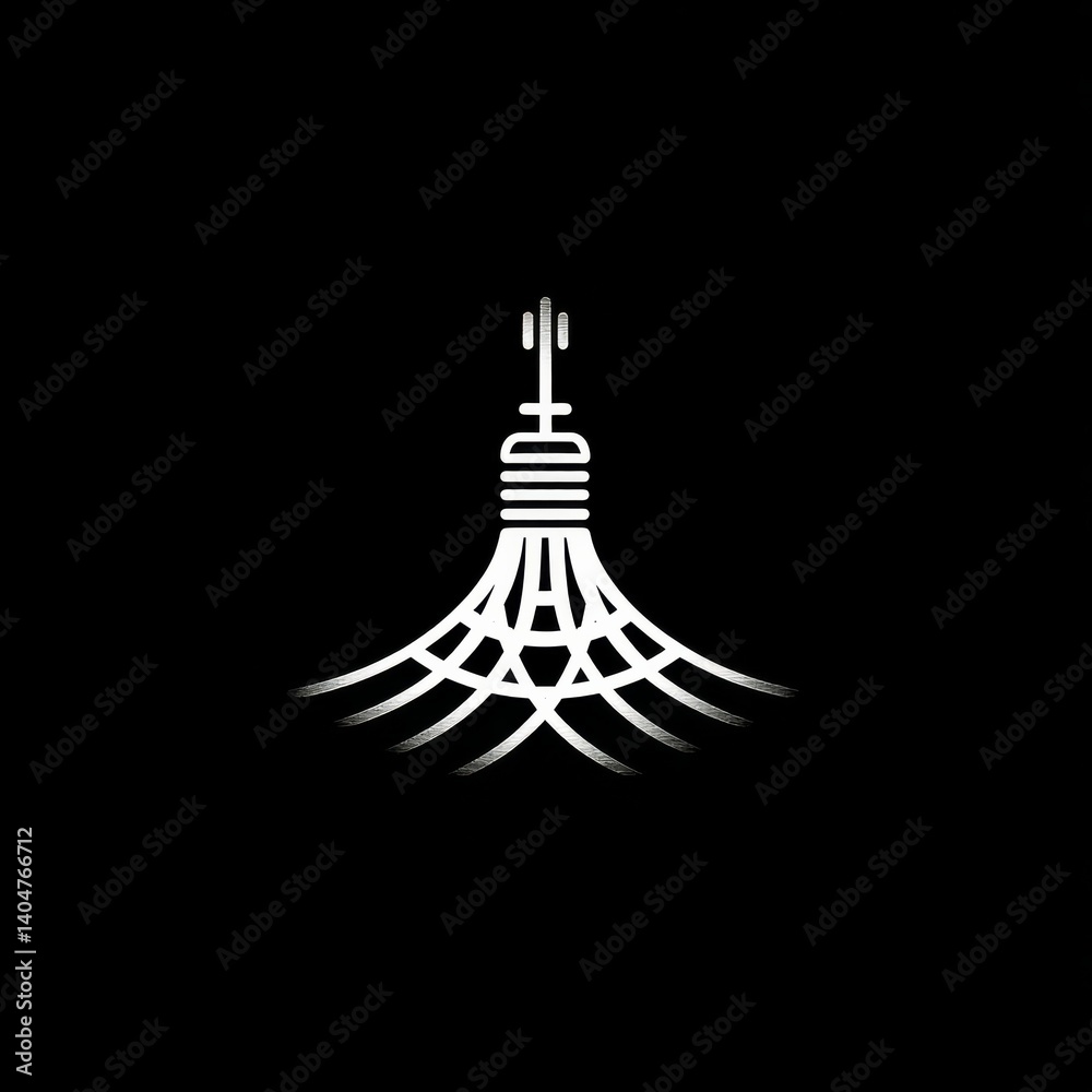 Poster minimalist tower icon in white on black, a simple yet striking design with structural elements.