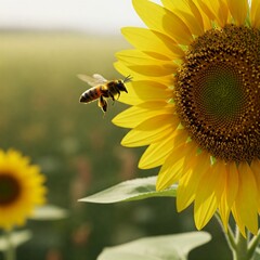 beautiful yellow sunflower with honey bee in flight