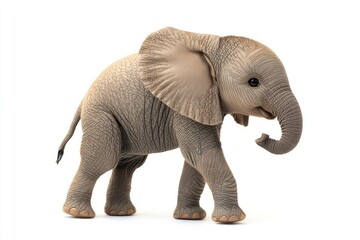 Fototapeta premium Walking Elephant Calf on White Background, Young Animal Figure