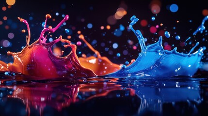 High-speed motion of paint splashes colliding mid-air, ultra-detailed liquid behavior forming unique abstract patterns, professional lighting adding stunning depth and reflections