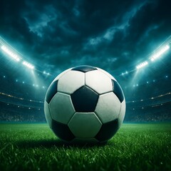 Fototapeta premium Soccer Ball On Field Under Stadium Lights Against Dramatic Sky