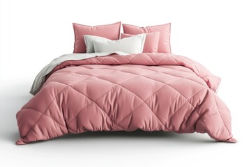 Bed with Pink Quilt and Pillows on White Background