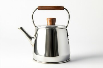 Stainless Steel Kettle with Wooden Handle Isolated on White