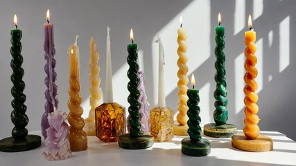 Artistic grouping of colorful burning candles, a variety of twisted textures in muted tones against a clean white backdrop. - Powered by Adobe