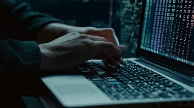 A hacker at work on a computer with a digital background of code and web elements