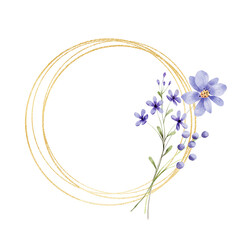 Flowers gold wreath. Watercolor hand painting floral frame with place for text with bouquet. Isolated on white background.