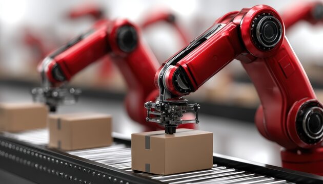 Collaborative robots cobots packing goods with human workers, synced to cloud-based inventory management systems in real time., copy space for text - time solution artificial
