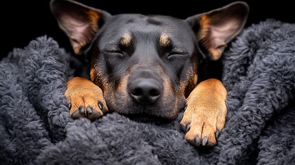 Sleepy dog nestled warmly in a cozy blanket.