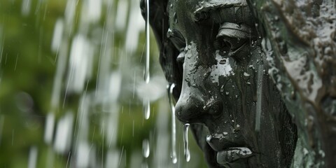 a crying starue under the rain