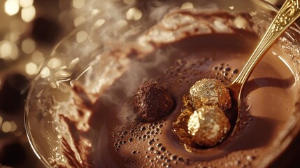 Fototapeta premium Golden Chocolate Indulgence: A Luxurious Hot Chocolate Experience