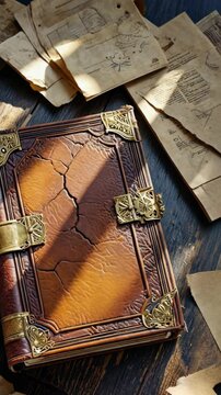 An intricately bound, leather journal rests on a weathered wood surface with sketches and plans scattered nearby