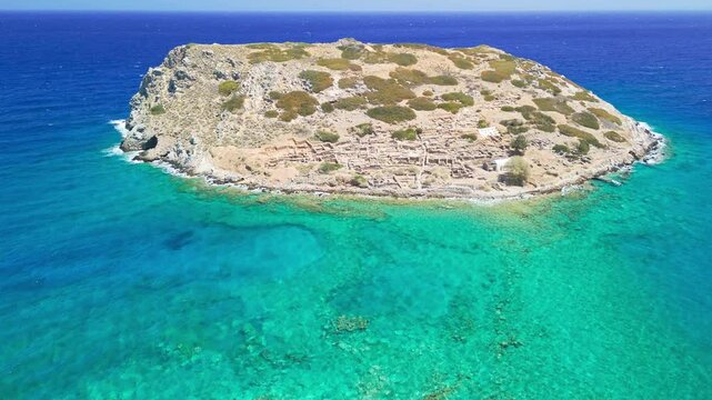 Drone perspective Minoan archaeological site Mochlos, Crete