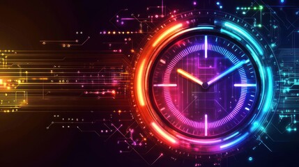Futuristic clock with neon lights and circuit board design, representing time and technology.