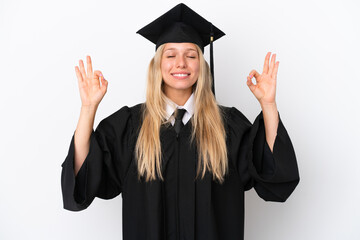 Young university graduate caucasian woman isolated on white background in zen pose