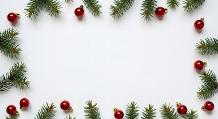 Festive minimalist Christmas frame with fir branches and baubles on white
