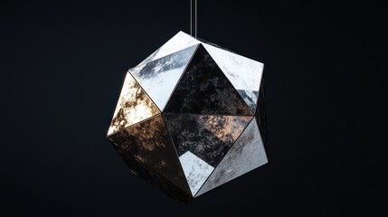 Fototapeta premium Suspended geometric polyhedron with alternating glossy metallic panels and soft matte stone surfaces, casting crisp reflections on a deep black background