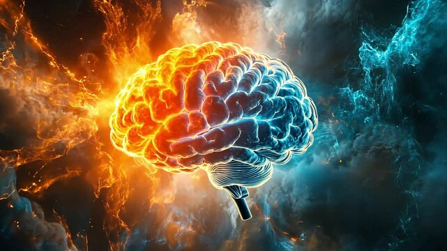 Vibrant depiction of a human brain surrounded by cosmic energy, illustrating creativity and thought