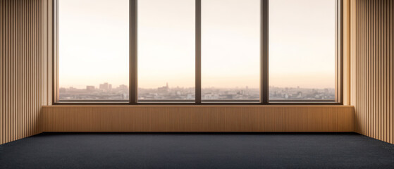 Modern interior design with city view at sunset in a minimalist setting