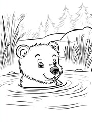 bear swimming in lake black and white contour 