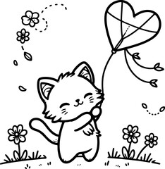 Kitten Kitty Cat Flying a Kite. Coloring Book Page. Cartoon Illustration.