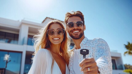 Happy young couple show the key of their new big luxury house. Real estate theme