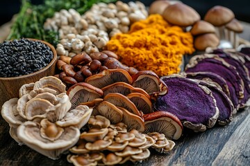 A creative food art piece featuring reishi mushrooms alongside other superfoods,