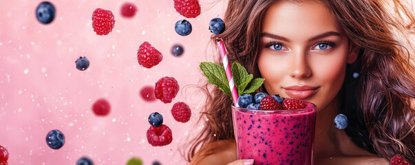 In a lively tropical backdrop, a beautiful girl smiles while holding a colorful smoothie, as berries and mint leaves float around, creating a refreshing atmosphere