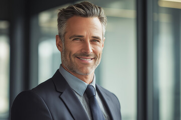 Confident Professional Man in Suit Smiling in Modern Office with Warm Lighting – 50mm Portrait.