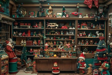 A charming vintage toy shop overflowing with Christmas decorations and toys, evoking a sense of nostalgia, A nostalgic scene of a vintage toy shop filled with Christmas decorations