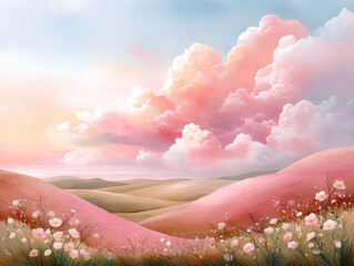 Light and airy watercolor illustration of pink rolling hills with pale flowers under cotton candy sunset sky and fluffy clouds in soft pastel tones  
