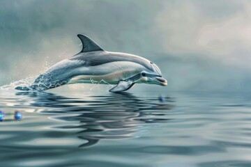 Fototapeta premium A graceful dolphin leaps above the tranquil, topaz water, creating a splash of white as it soars through the air, A serene dolphin gracefully gliding through calm waters