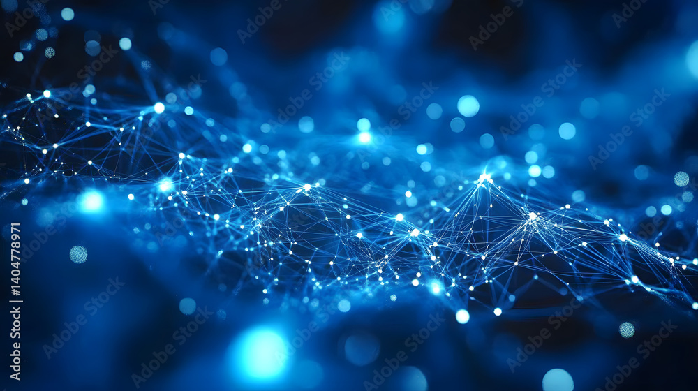 Poster abstract blue technology background with a cyber network grid and connected particles. artificial ne