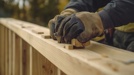 Carpenter building wooden deck railing. Featuring carpentry and outdoor living
