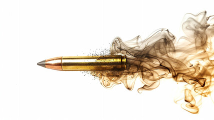 A Moment of Impact Frozen in Time: A speeding bullet shatters upon collision, sending forth a burst of golden sparks and dark fragments against a stark white backdrop, capturing raw power and destruct