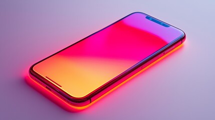 Brightly lit smartphone with vibrant gradient display on a plain surface during evening hours
