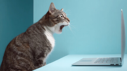 the surprised cat looks at the laptop