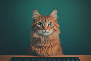 Cat sitting near laptop ready for work