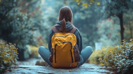 Teenage school girl with backpack, sitting lonely and thinking about life, liking the nature 
