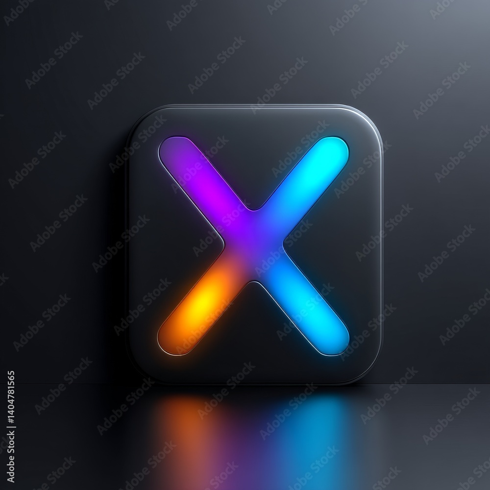 Poster abstract neon 'x' in dark square with reflection: a striking visual, featuring modern design and eye