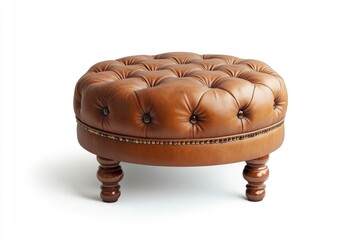 Naklejka premium Elegant Brown Leather Ottoman: Classic Tufted Design with Wooden Legs