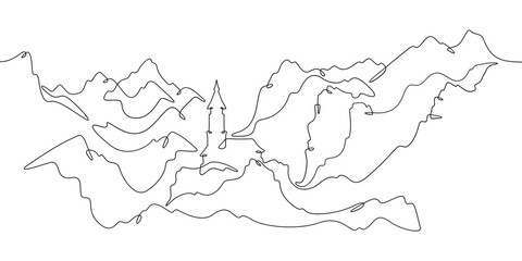 Continuous one line drawing church in the mountains. Temple against the backdrop of mountains. Rocks and hills.